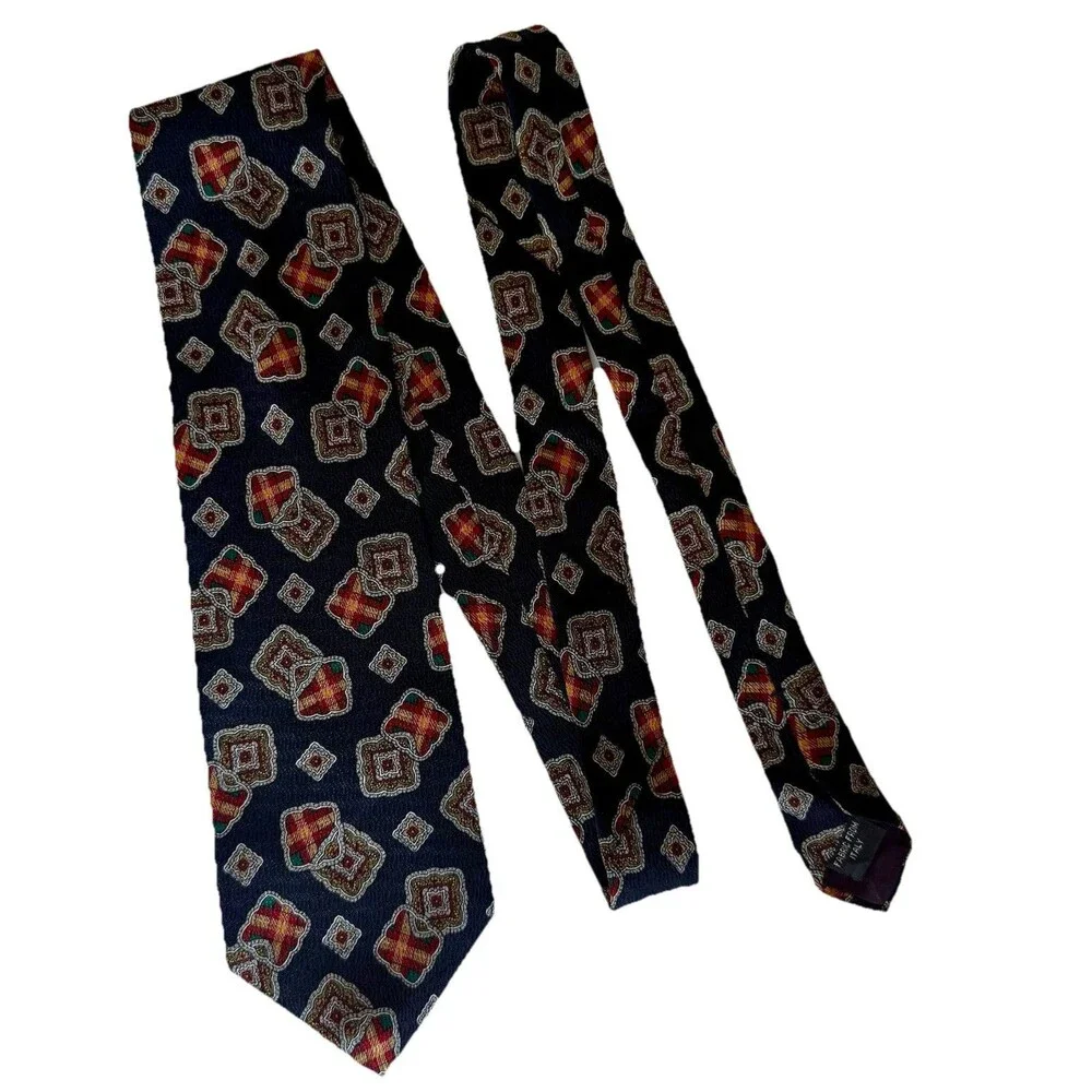 Gino Pompeii Tie 100% Silk From Italy NAVY BLUE TIE Plaid Textured Necktie